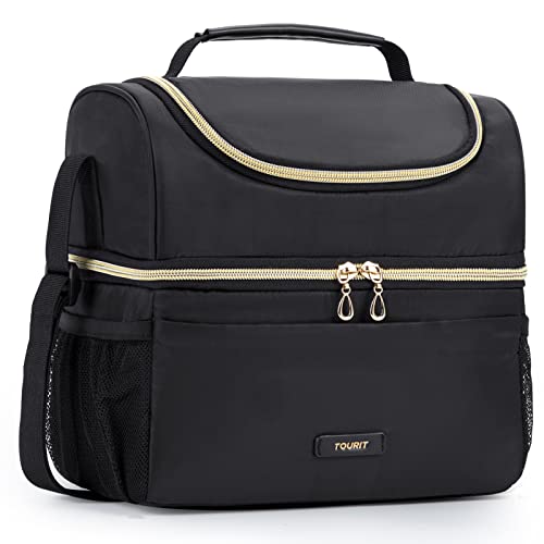 TOURIT Insulated Lunch Bag with Dual Compartment Leakproof Cooler Tote for Work Office Picnic Thermal Food Container Black