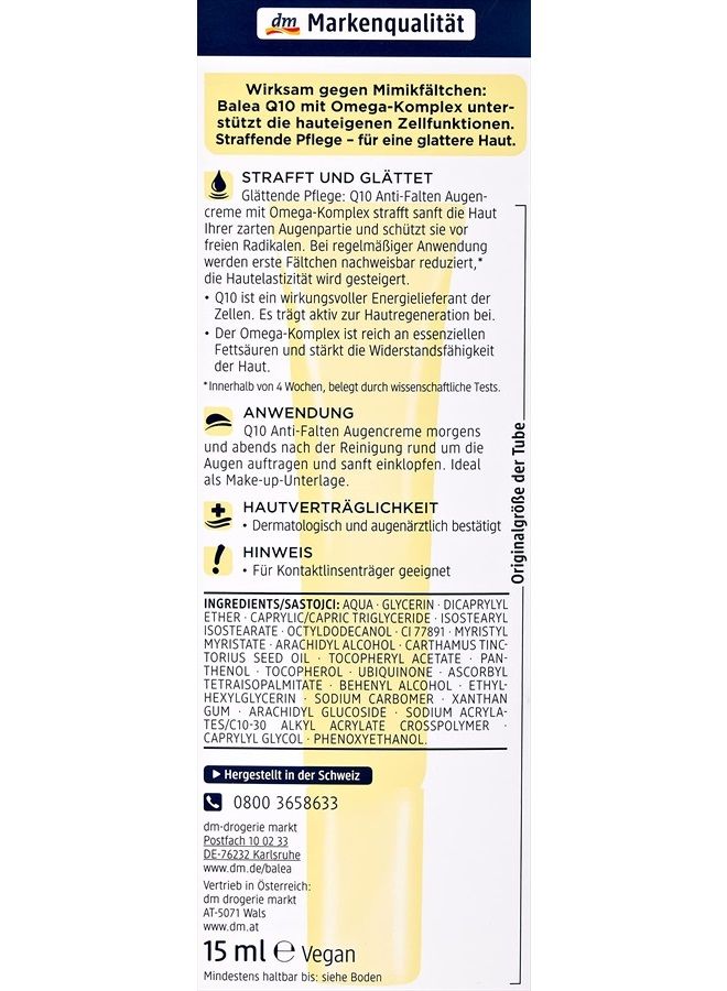 balea كريم العين المضاد للتجاعيد Q10 مع مركب أوميغا - خالي من العطور، خالي من PEG، نباتي، غير مختبر على الحيوانات - 15 مل من باليا - Image 4