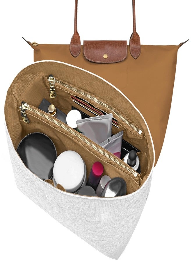 LOUKAYCCI منظم محفظة ورقي جديد من LOUKAYCCI من دوبونت لحقيبة اليد Longchamp Le Pliage M (أبيض وبني، متوسط) - Image 1