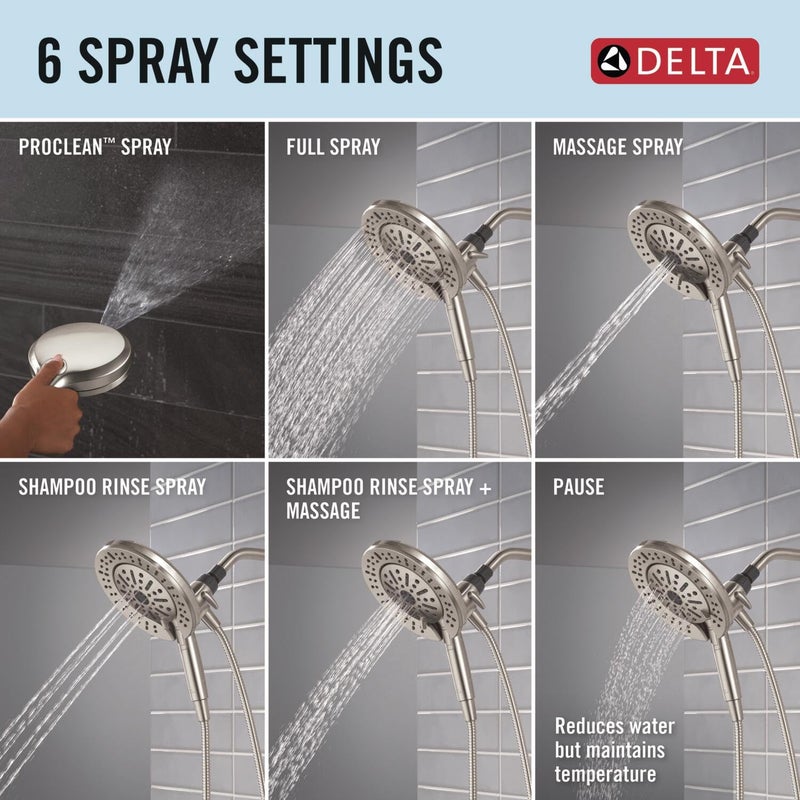 Delta 6-Setting In2ition 2-in-1 Dual Shower Head with Handheld High Pressure ProClean Spray, Brushed Nickel Detachable Shower Head with Hose, 1.75 GPM Flow Rate, Satin Nickel 75655SN - Image 4
