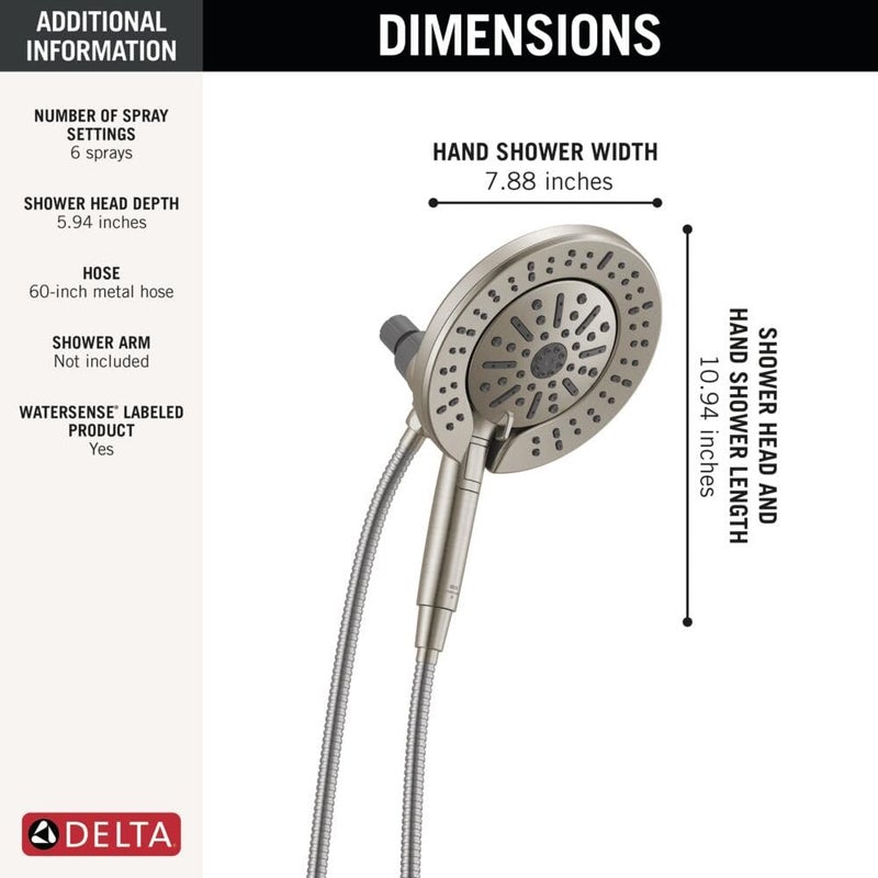 Delta 6-Setting In2ition 2-in-1 Dual Shower Head with Handheld High Pressure ProClean Spray, Brushed Nickel Detachable Shower Head with Hose, 1.75 GPM Flow Rate, Satin Nickel 75655SN - Image 5