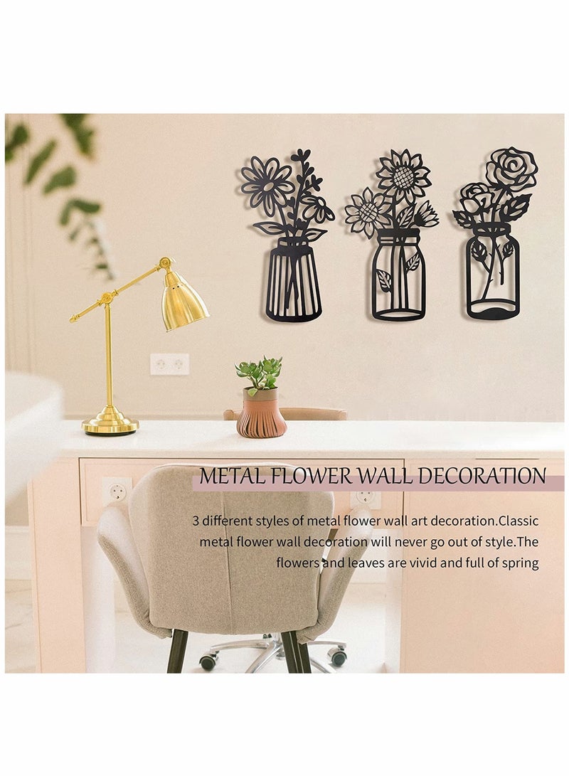 KASTWAVE زهور معدنية، ديكور حائط، minimalism، ديكور فن الحائط، فن الحائط، ديكور زهرة حديدية سوداء، تمثال حائط معدني، لزينة الشرفة أو البلكونة أو الحمام، مجموعة ديكور فن الحائط للحمام مكونة من 3 - Image 4