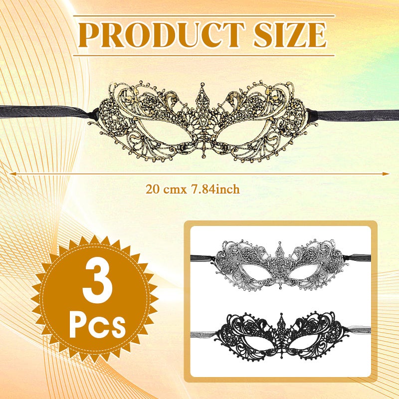 WY LIGHTING LEVEL 3 Pieces Masquerade Mask for Women, Fancy Dress Masks Lace Face Mask Venetian Masks Mardi Gras Masks, Lace Mask for Ball Party Venetian Masquerade Costume Halloween Masquerade Party(20cm/7.84inch) - Image 2