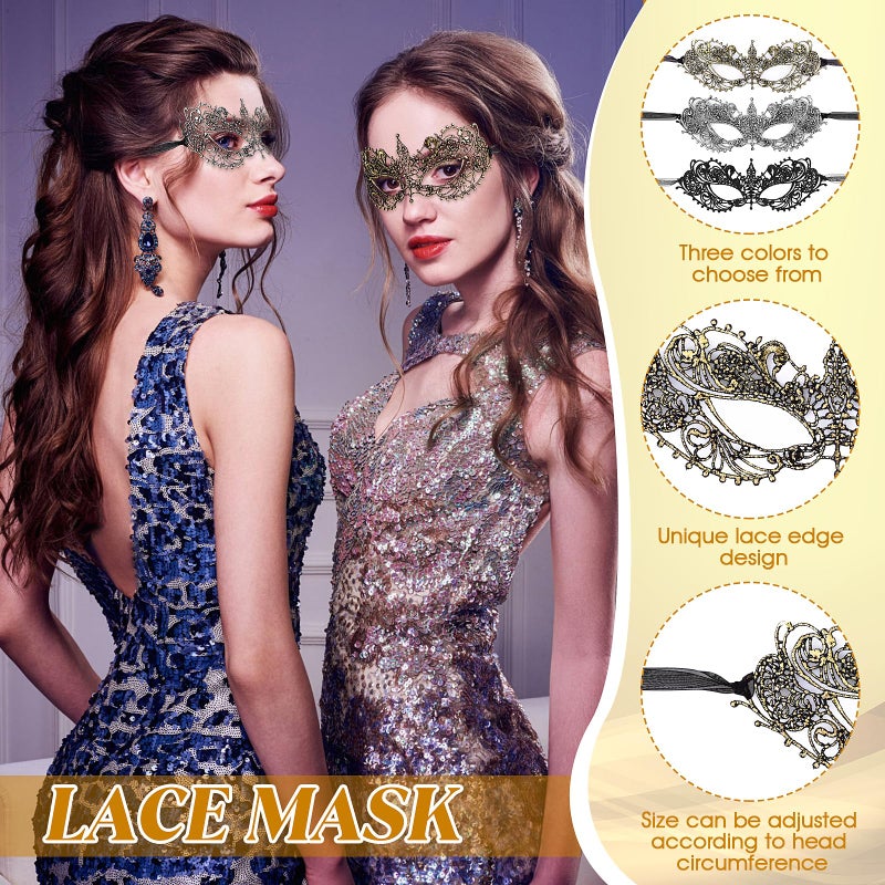 WY LIGHTING LEVEL 3 Pieces Masquerade Mask for Women, Fancy Dress Masks Lace Face Mask Venetian Masks Mardi Gras Masks, Lace Mask for Ball Party Venetian Masquerade Costume Halloween Masquerade Party(20cm/7.84inch) - Image 4