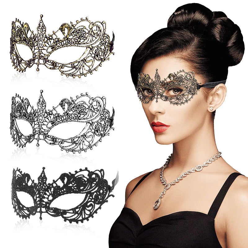 WY LIGHTING LEVEL 3 Pieces Masquerade Mask for Women, Fancy Dress Masks Lace Face Mask Venetian Masks Mardi Gras Masks, Lace Mask for Ball Party Venetian Masquerade Costume Halloween Masquerade Party(20cm/7.84inch) - Image 1