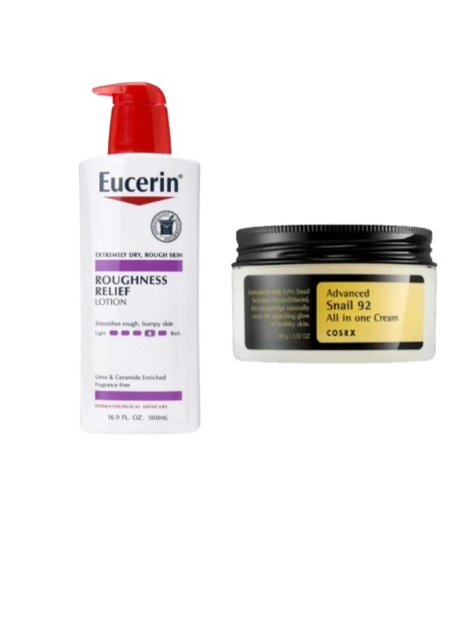 Eucerin Roughness Relief Lotion - Full Body Lotion for Extremely Dry, Rough Skin - Pump Bottle White 500ml+Advanced Snail 92 All In One Cream 100grams 