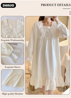 DUNISO Women's Long Sleeve Nightgown, Soft Comfortable Cotton Sleepwear Dress, Ventilate Square Neck Home Wear with Bow Decoration, Lounge Dress for Can Be Worn Outside  - Image 2