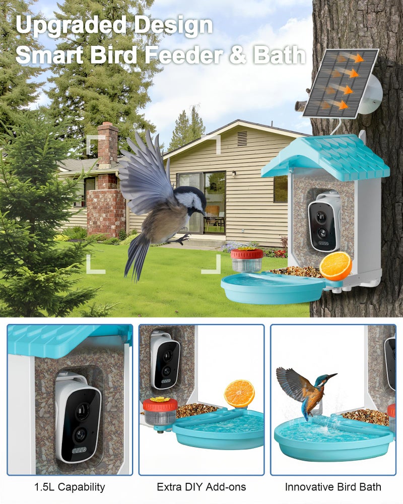 Visiogear 2-In-1 Smart Wild Bird Feeder & Bath With 4K Hd Camera  Ai Identification Solar Bird Feeder Watching Camera Night Vision For Outdoor Birds Watching Gifts For Birdlover  Blue - Image 3