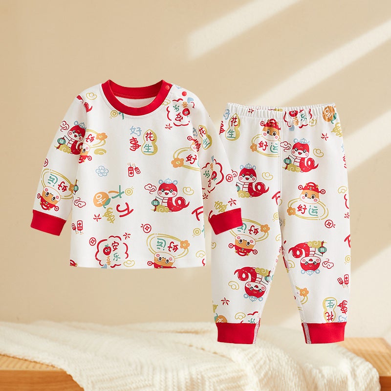 New Year New Children''s Autumn Clothes and Pants suit Baby Girl Red Pajamas Baby Autumn and Winter Cotton Thermal Underwear for Men - Image 1