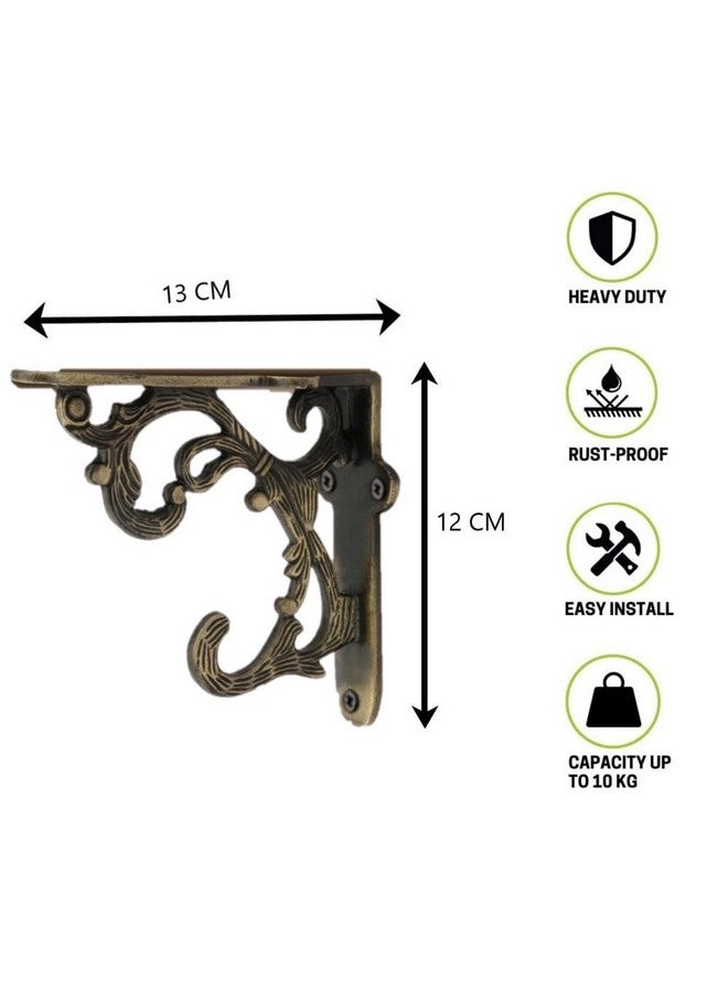 GHAR DWAR Metal Handcrafted Shelf Bracket for Floating Shelves L Angle Decorative L Shaped Corner Brace Joint Heavy Duty Wall Mounted Shelf Supporter Corner Brace Holder (Pack of 4, Brass Antique) - Image 2