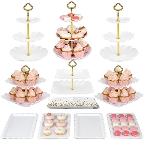 NWK Pack of 11 NWK Cake Stand Set with 3 x TwoTier and 3 x ThreeTier Cupcake Stands 4 x Appetizer Trays 1 x Tablecloth for Birthday Bridal Baby Shower Party Gold - Image 1