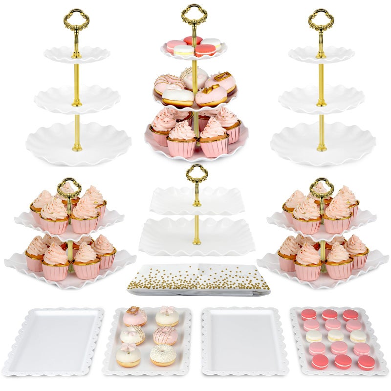 NWK Pack of 11 NWK Cake Stand Set with 3 x TwoTier and 3 x ThreeTier Cupcake Stands 4 x Appetizer Trays 1 x Tablecloth for Birthday Bridal Baby Shower Party Gold - Image 2