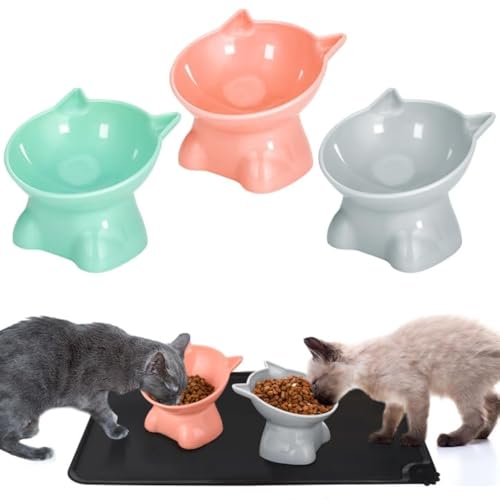 Hoemwarm 3 Pcs Elevated Cat Bowls 15 Raised Cat Food Bowl with Silicone Pet Food Mat Anti Vomiting Cats Dishes Pet Food and Water Bowls for Indoor Cats and Small Dogs3 Colors - Image 1