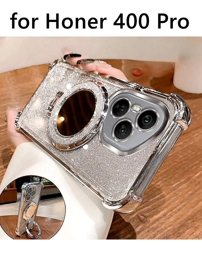 Magnetic Glitter Case for Honor 400 Pro ，Camera Lens Protector，Sparkly Stand，Makeup Mirror，Luxury Gradient Shockproof Honor 400 Pro Cover for Women Girls Gift，Silver - Image 1