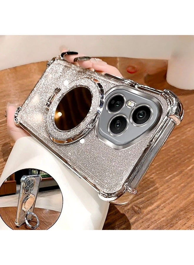 Magnetic Glitter Case for Honor 400 Pro ，Camera Lens Protector，Sparkly Stand，Makeup Mirror，Luxury Gradient Shockproof Honor 400 Pro Cover for Women Girls Gift，Silver - Image 4