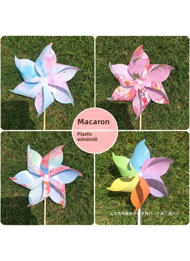 null - Cherry Blossom Festival Windmill Macaron Plastic Kindergarten Dance Props Handheld Wooden Pole Rotating Insert To Decorate Windmill-Color:Colorful Rainbow 22cm With 40cm Pole 10 Pieces - Image 1