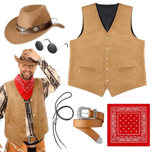 Vabean 6 Pcs Cowboy Costume Men Western Outfit Cowboy Vest Hat Necklace Belt Buckle Bandana Glasses for Halloween Cosplay(Brown,M) - Image 1