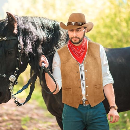 Vabean 6 Pcs Cowboy Costume Men Western Outfit Cowboy Vest Hat Necklace Belt Buckle Bandana Glasses for Halloween Cosplay(Brown,M) - Image 2