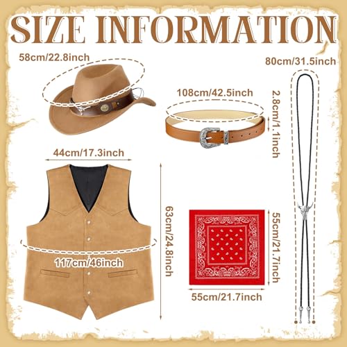 Vabean 6 Pcs Cowboy Costume Men Western Outfit Cowboy Vest Hat Necklace Belt Buckle Bandana Glasses for Halloween Cosplay(Brown,M) - Image 4