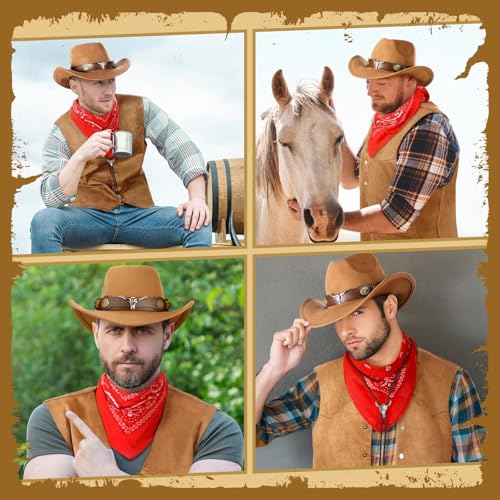 Vabean 6 Pcs Cowboy Costume Men Western Outfit Cowboy Vest Hat Necklace Belt Buckle Bandana Glasses for Halloween Cosplay(Brown,M) - Image 5