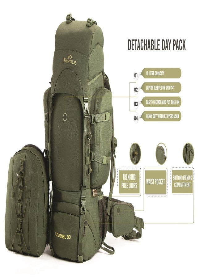 Tripole Colonel Metal Frame 80L Rucksack with Detachable Bag & Rain Cover for Trekking & Travelling | Men & Women | 3 Year Warranty (Army Green, 80) - Image 3