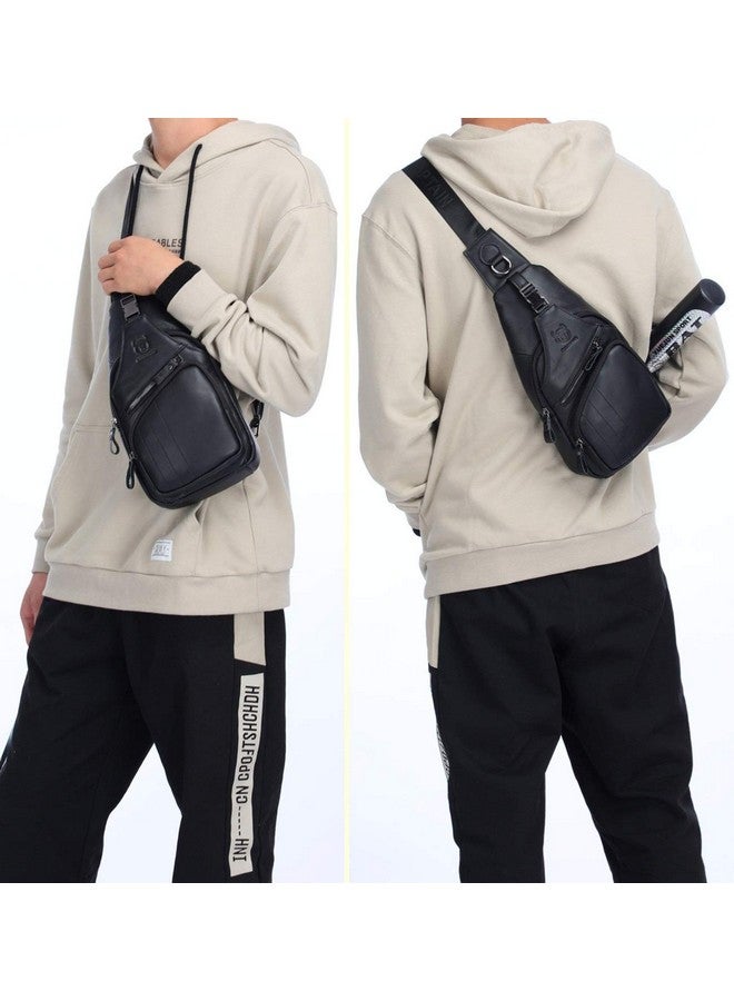 BULLCAPTAIN BULLCAPTAIN Leather Men Sling Bag Casual Crossbody Chest Bags Travel Daypack (Black)  - Image 4