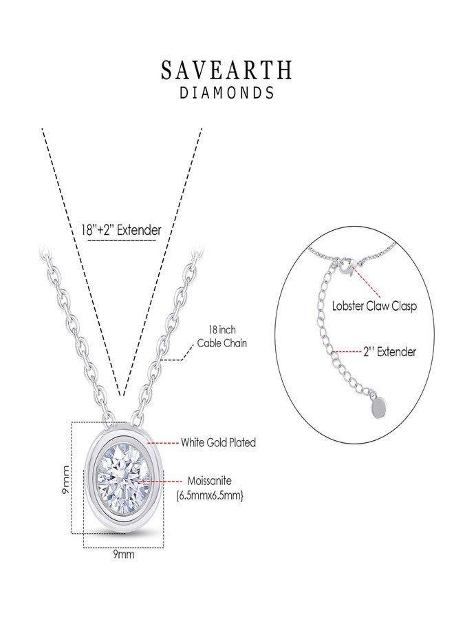 SAVEARTH DIAMONDS 18K White Gold Plated Bezel-Set Solitaire Necklace, 6.5MM Moissanite Diamond Choker Pendant Necklace For Women Jewelry 18"+2" Inch Extender (0.90 ctw) - Image 2