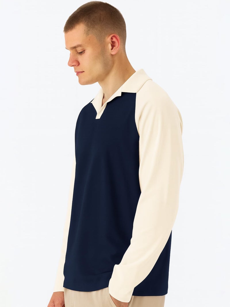 Jump Cuts Mens Colorblock Polo Neck Raglan Full Sleeve Navy & Cream LoopKnit Sweatshirt - Image 4