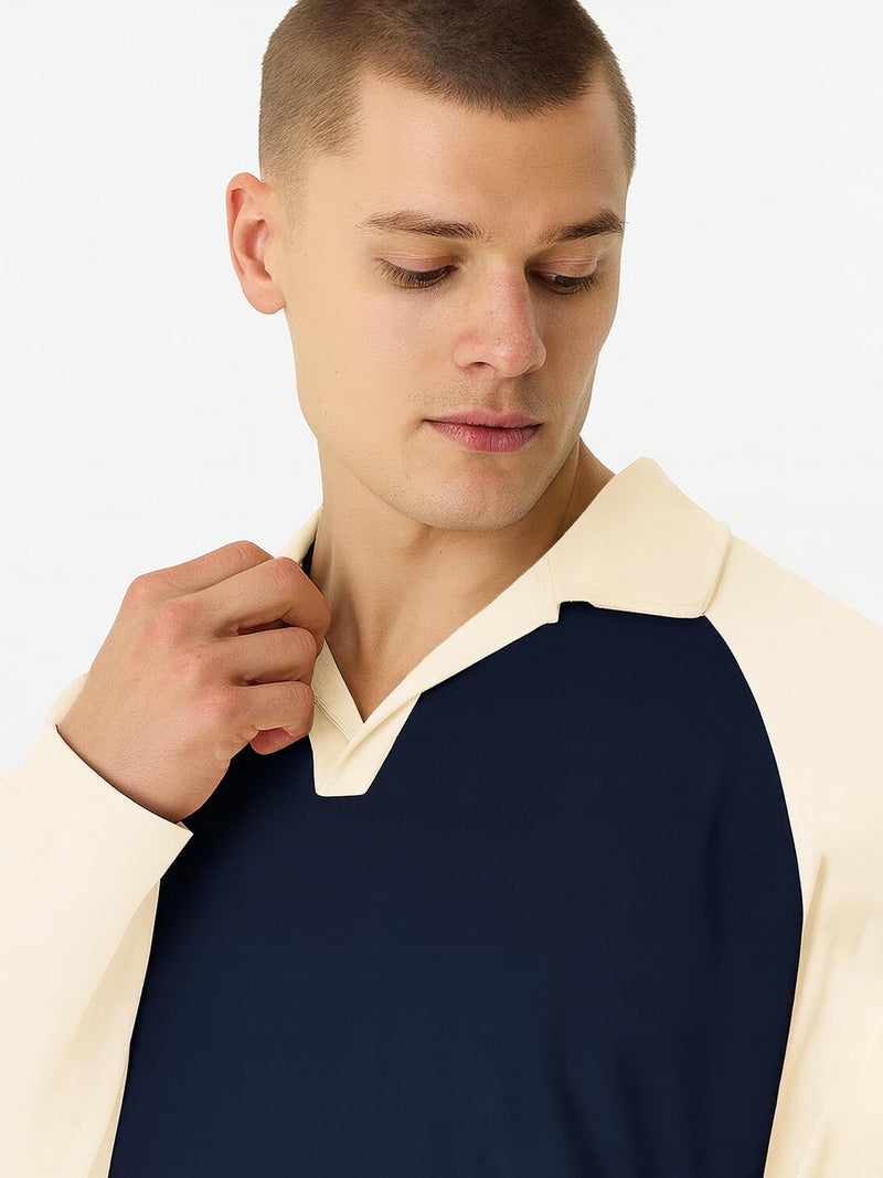 Jump Cuts Mens Colorblock Polo Neck Raglan Full Sleeve Navy & Cream LoopKnit Sweatshirt - Image 3