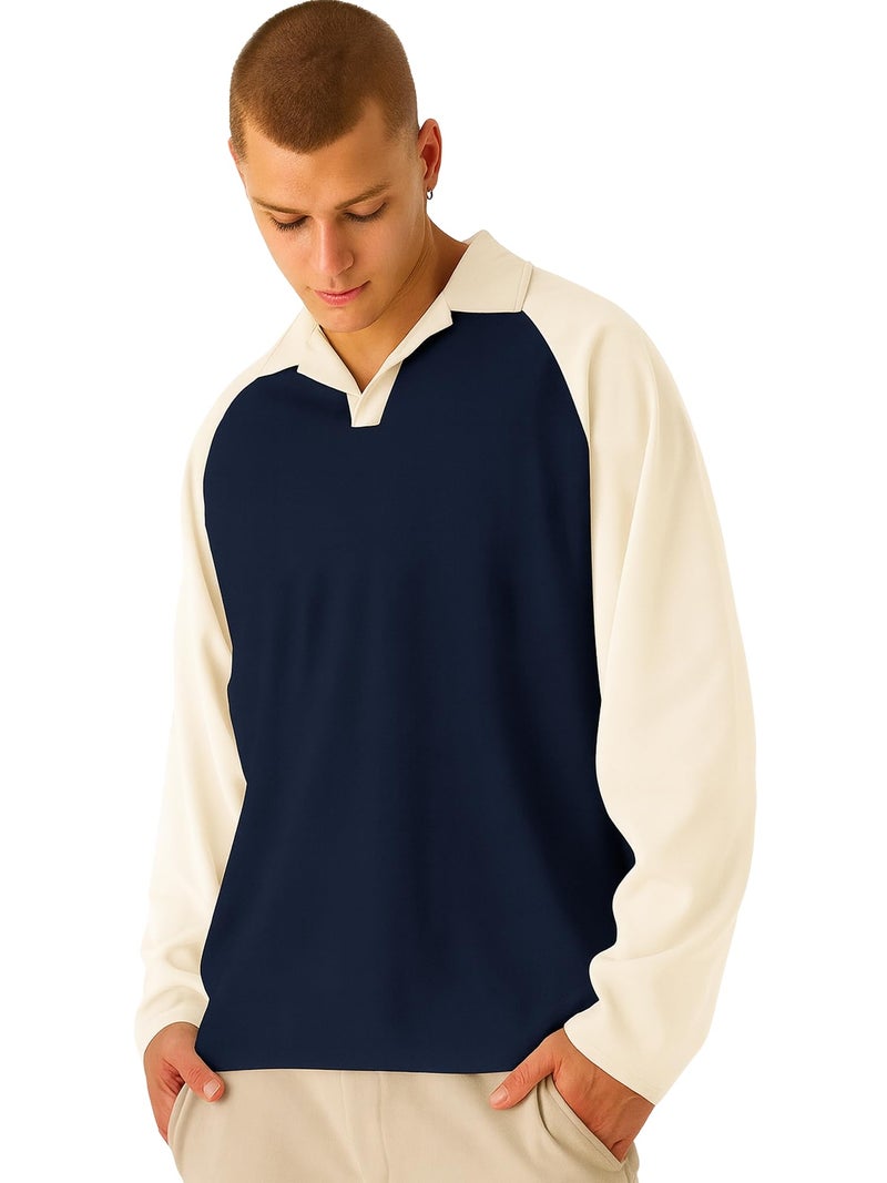 Jump Cuts Mens Colorblock Polo Neck Raglan Full Sleeve Navy & Cream LoopKnit Sweatshirt - Image 5
