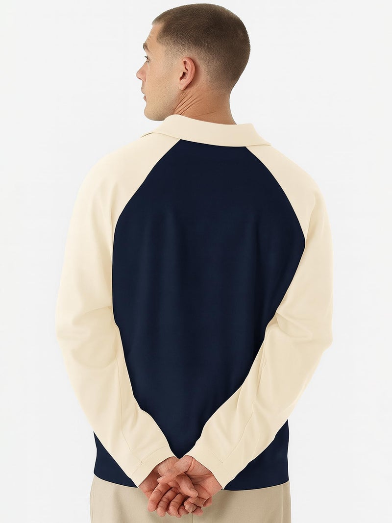 Jump Cuts Mens Colorblock Polo Neck Raglan Full Sleeve Navy & Cream LoopKnit Sweatshirt - Image 2