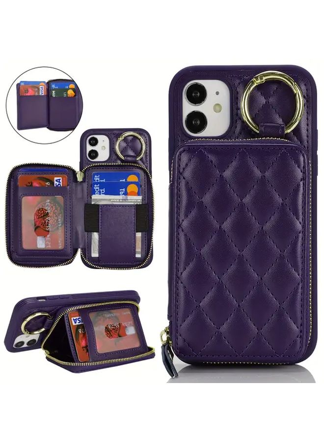 حافظة هاتف Deep Purple iPhone 11 مع فتحة بطاقات وحجرة سحاب وحلقة حامل - Image 1