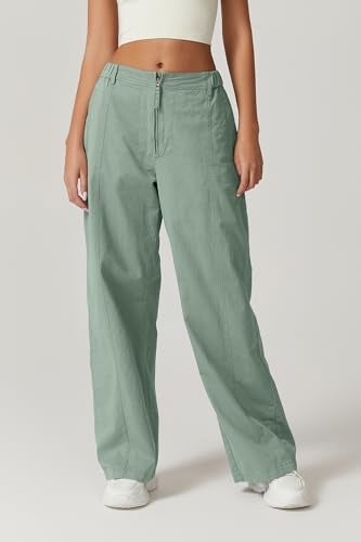 QINSEN Cargo Pants for Women Front Zip Wide Leg Long Casual Pants High Waist Baggy Palazzo Pants with Pockets Iceberg Green S - Image 5