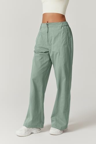 QINSEN Cargo Pants for Women Front Zip Wide Leg Long Casual Pants High Waist Baggy Palazzo Pants with Pockets Iceberg Green S - Image 4