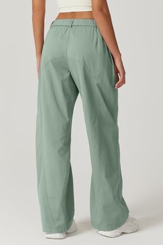 QINSEN Cargo Pants for Women Front Zip Wide Leg Long Casual Pants High Waist Baggy Palazzo Pants with Pockets Iceberg Green S - Image 2