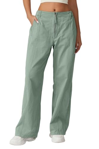 QINSEN Cargo Pants for Women Front Zip Wide Leg Long Casual Pants High Waist Baggy Palazzo Pants with Pockets Iceberg Green S - Image 1