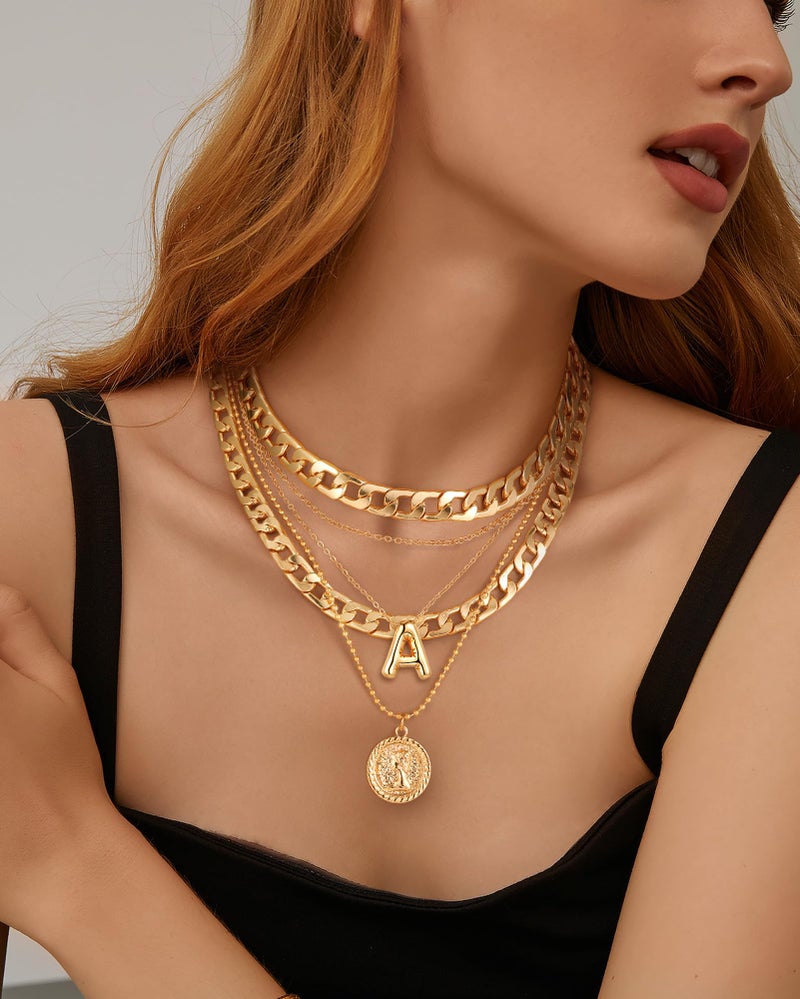 MJartoria Gold Layered Necklaces for Women Trendy Balloon Initial Pendant Necklace Dainty Chunky Chain Choker Necklaces Jewelry Birthday Gifts (A., Gold) - Image 2