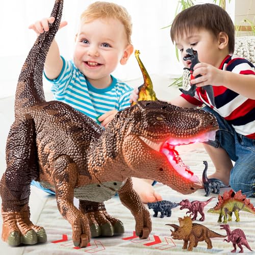 BLmukce 24 Large Dinosaur Toys for Kids 35 Big Dinosaur Tyrannosaurus rex Figure Toy with 10 Dinosaurs Belly Storage Gliding Wheels Lights Sounds Mist Spray TRex that eats Toy for Boys Gift - Image 1