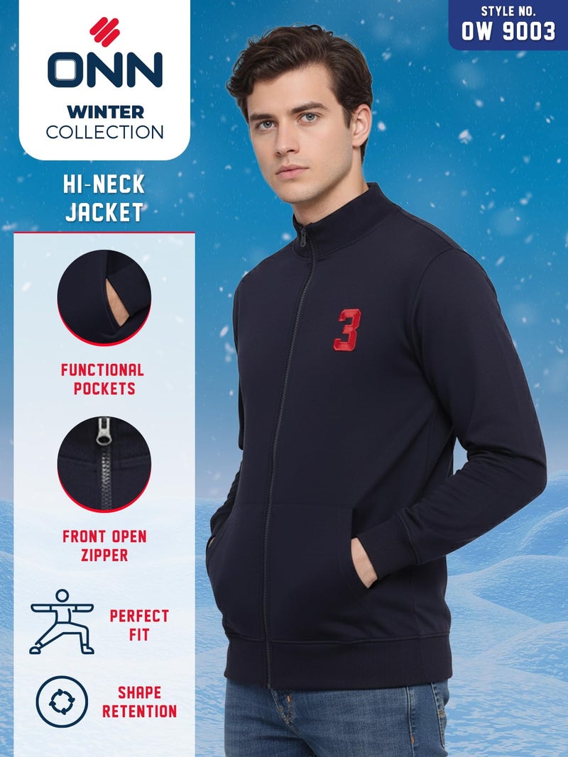ONN Men's Super Soft Cotton Solid Regular Fit Full Sleeve Hi-Neck Jacket 9003_BLK_S_1PC - Image 3