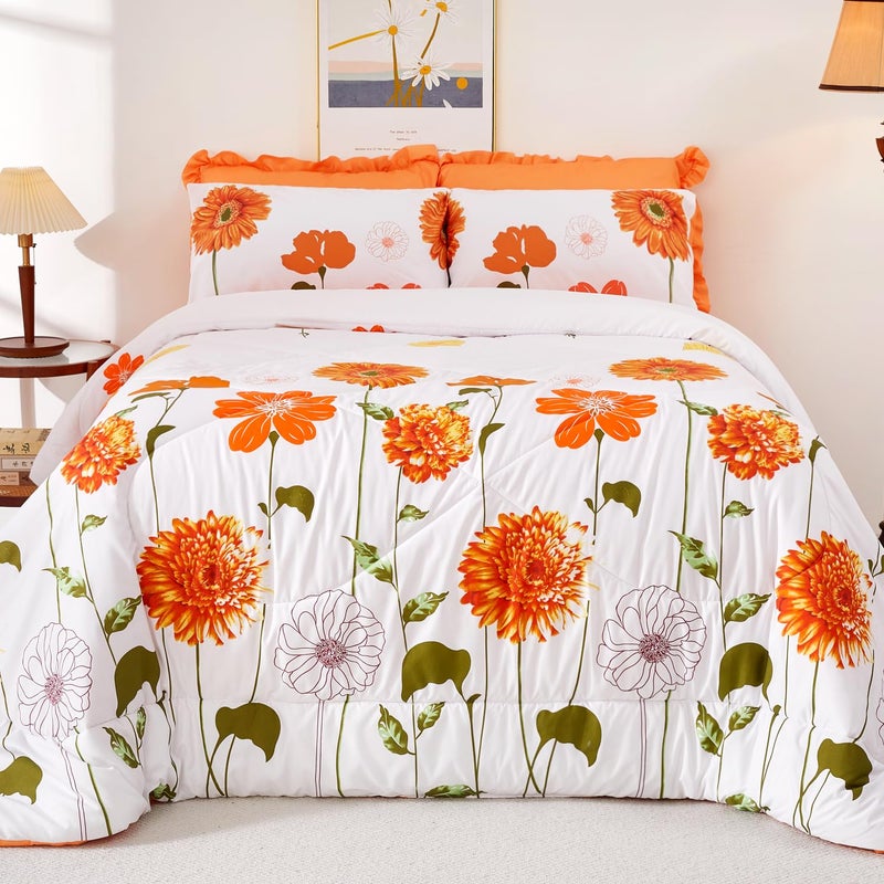 EVENHUG Queen Comforter Set 7 Pieces Reversible Queen Size Comforters for All Season Orange Sunflower Floral Bedding Sets Bed in a Bag with Flat Sheet and Fitted Sheet,Pillowcases & Shams (88"x88") - Image 4