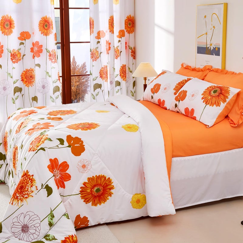 EVENHUG Queen Comforter Set 7 Pieces Reversible Queen Size Comforters for All Season Orange Sunflower Floral Bedding Sets Bed in a Bag with Flat Sheet and Fitted Sheet,Pillowcases & Shams (88"x88") - Image 2