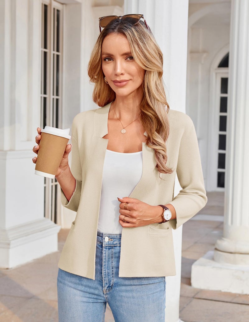 GRACE KARIN Women 3/4 Sleeve Short Knit Blazers Business Casual Cropped Cardigans Sweaters for Women Lightweight M Beige - Image 4