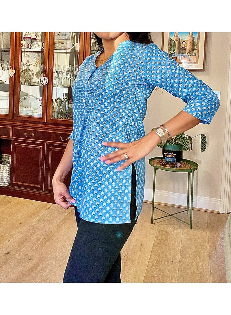 Sky Blue Ditsy floral print Cotton  Tunic Top, V-Neck Band Collar - Image 4