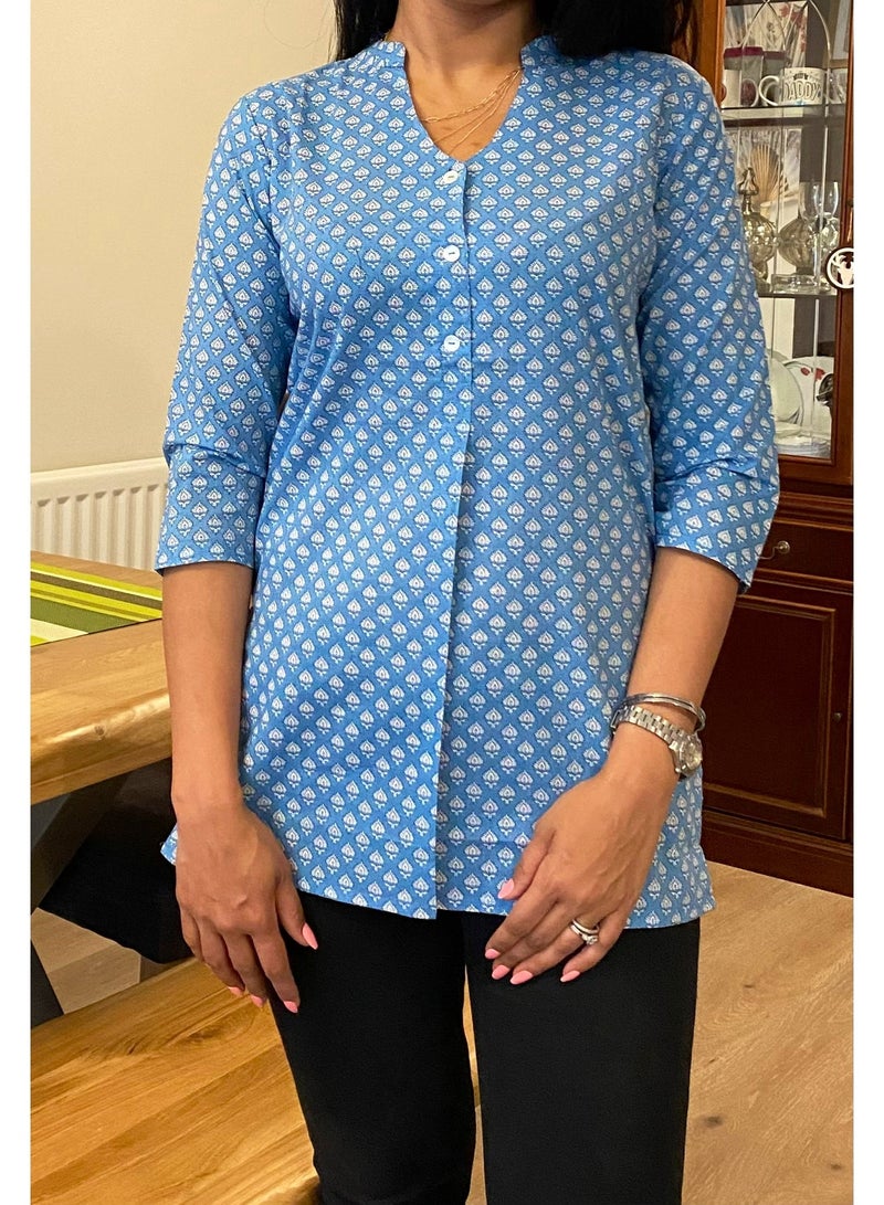 Sky Blue Ditsy floral print Cotton  Tunic Top, V-Neck Band Collar - Image 3
