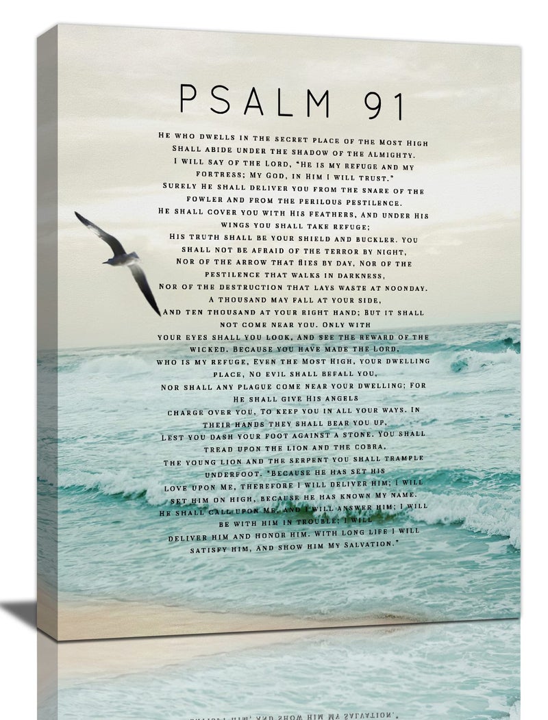 Tourrest Psalm 91 Wall Art Scripture Wall Decor Bible Verse Canvas Prints Christian Religous Framed Artwork for Bedroom Living Room Church 12"x16" - Image 1