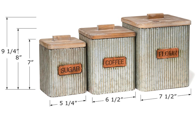 Red Co. Set of 3 Pre-Labeled Sugar, Coffee & Flour Distressed Metal Storage Canister Jars with Wooden Lids - Image 4