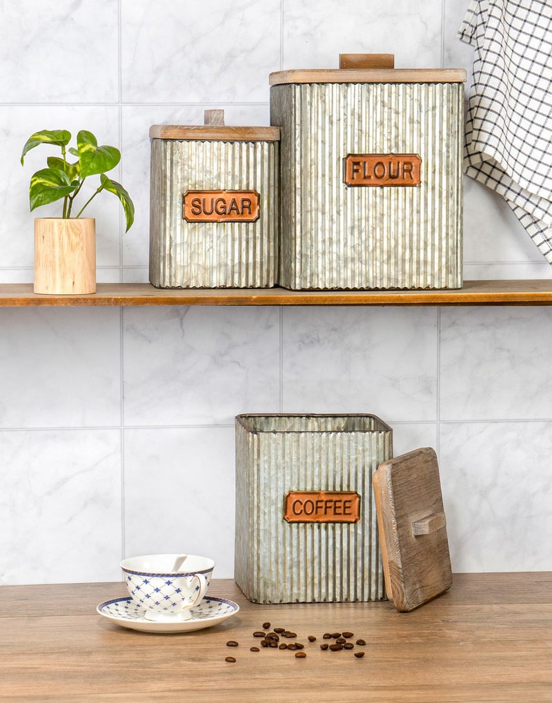 Red Co. Set of 3 Pre-Labeled Sugar, Coffee & Flour Distressed Metal Storage Canister Jars with Wooden Lids - Image 2