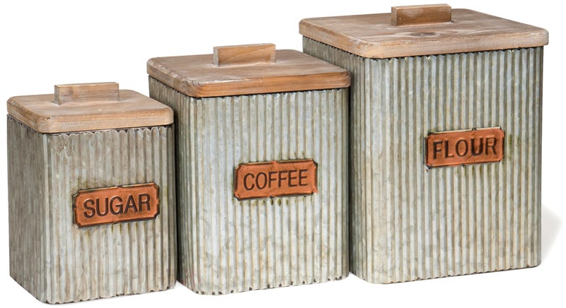 Red Co. Set of 3 Pre-Labeled Sugar, Coffee & Flour Distressed Metal Storage Canister Jars with Wooden Lids - Image 1