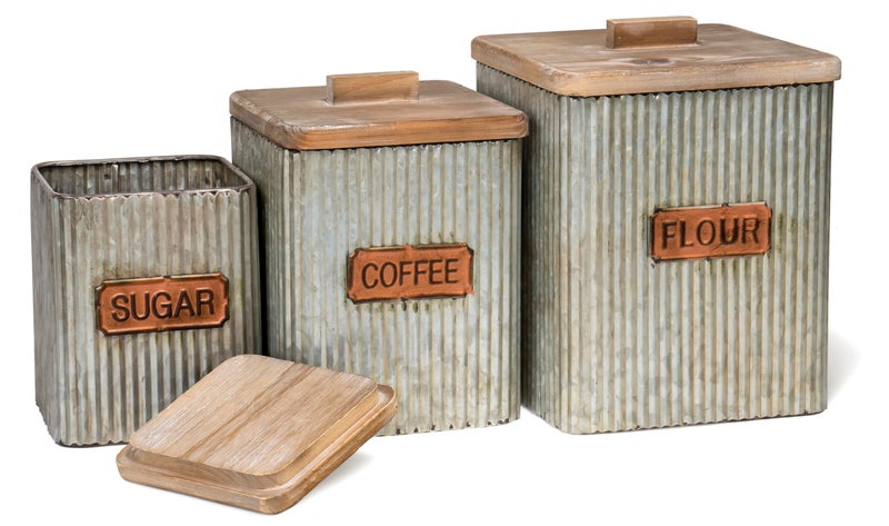Red Co. Set of 3 Pre-Labeled Sugar, Coffee & Flour Distressed Metal Storage Canister Jars with Wooden Lids - Image 3