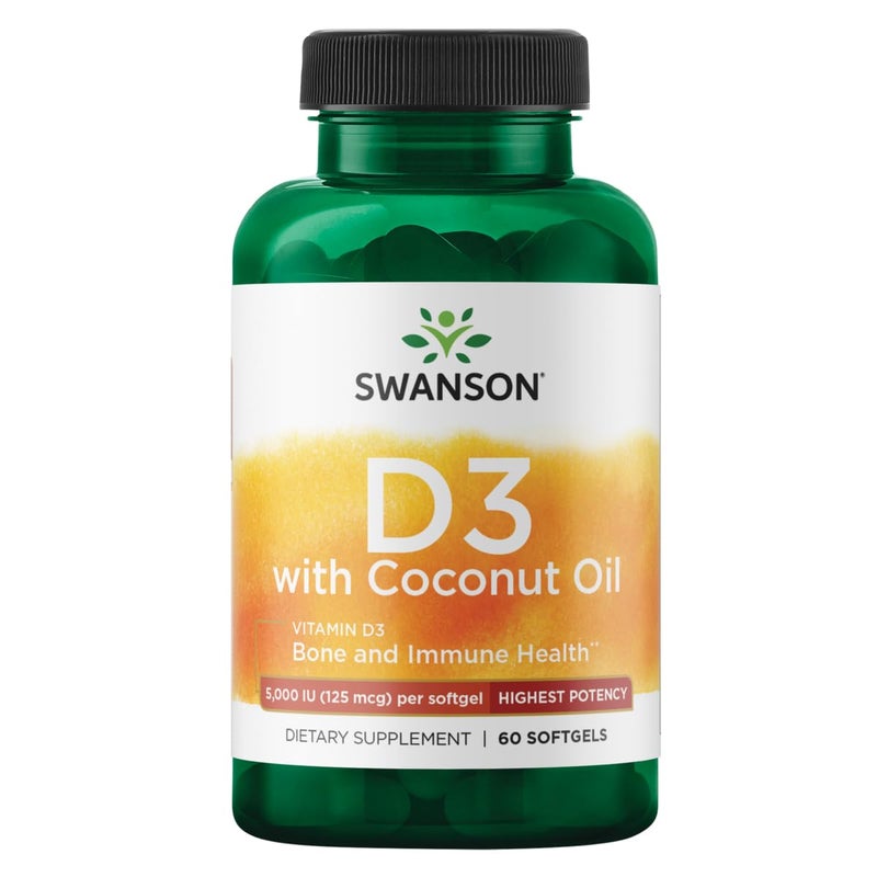Swanson High Potency Vitamin D3 wCoconut Natural Supplement Promoting Bone Health Immune System Support May Help Increase Calcium Absorption 60 Softgels 125mcg Each